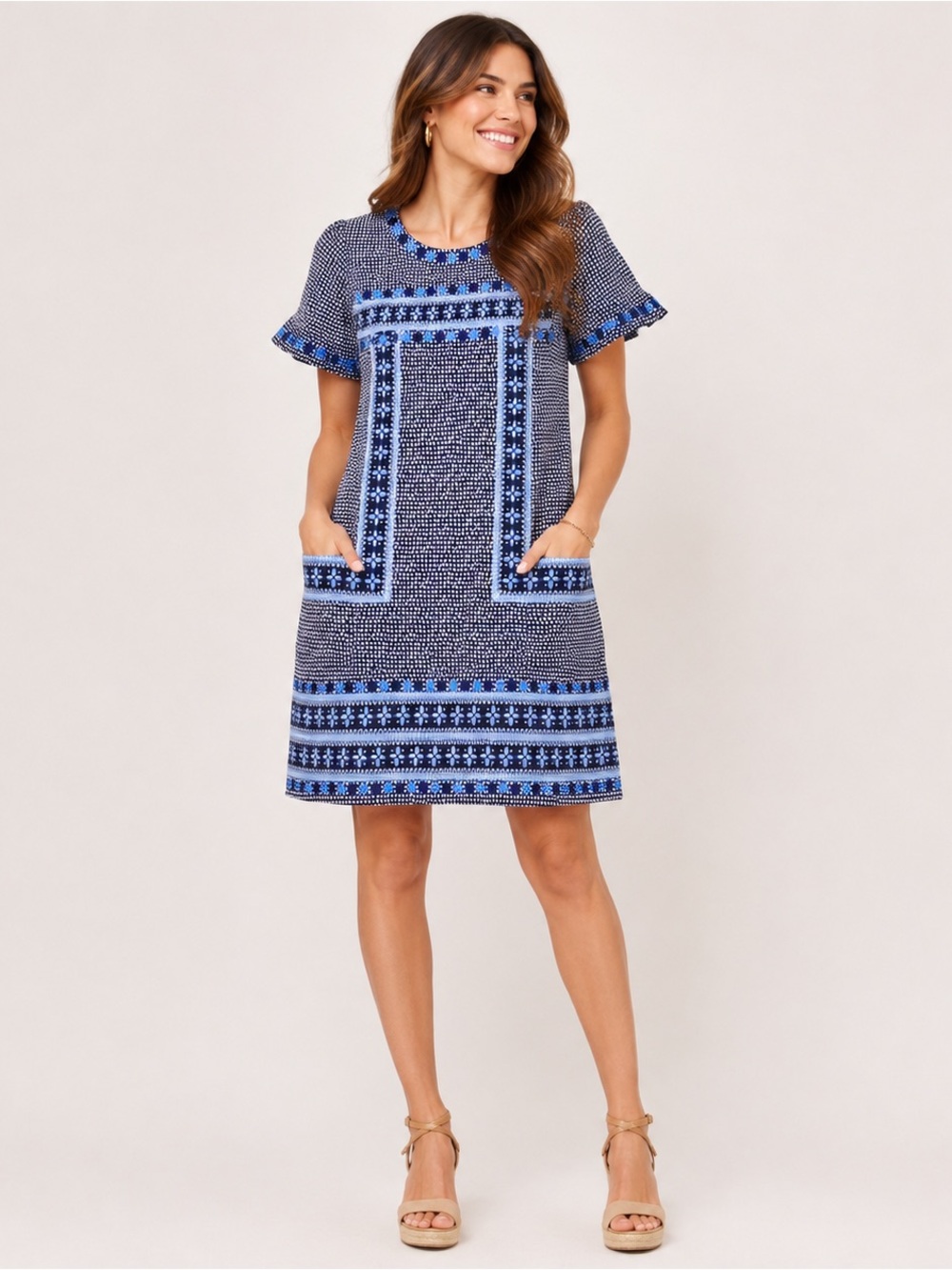 Vineyard Vines Navy Blue Polka Dot Linen Blend Dress Size 4 Pockets